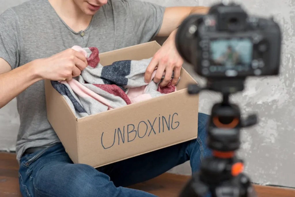 Homem em processo de "unboxing" de um produto, sendo filmado por uma câmera profissional para um vlog ou canal no YouTube.