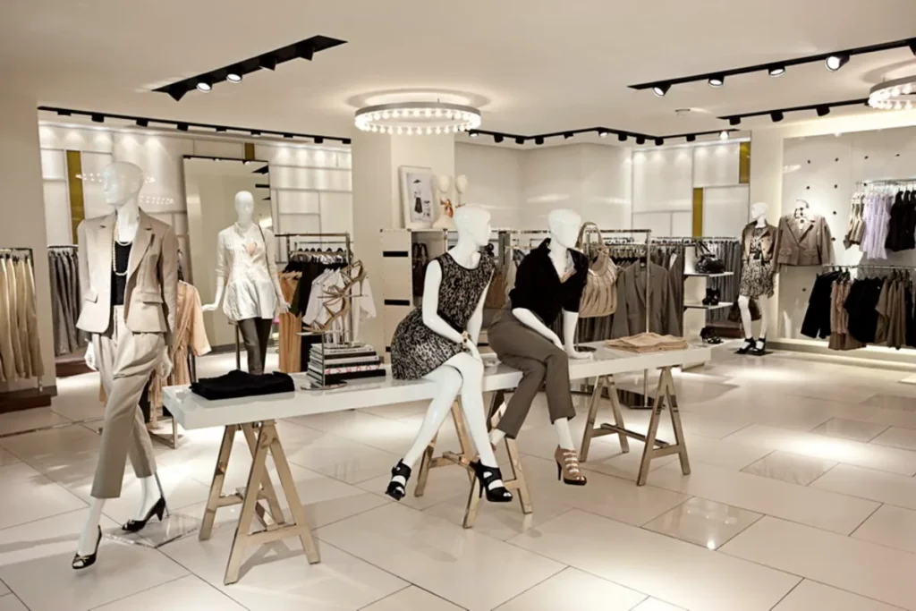 Interior de loja de moda com manequins sentados em mesa de exposição e outros em pé, exibindo roupas de forma criativa.