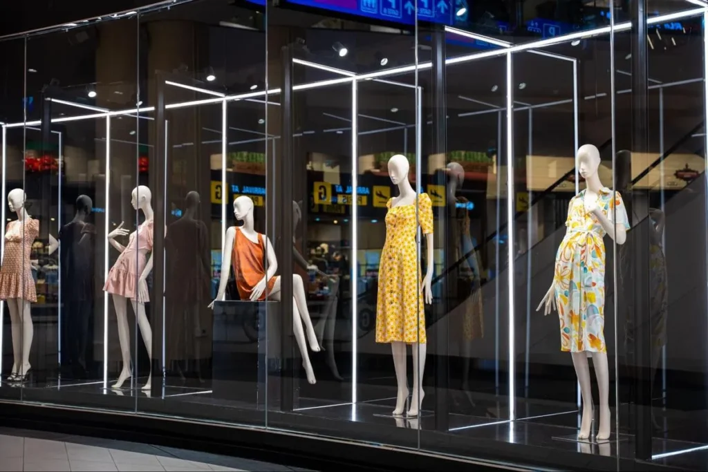 Manequins em uma vitrine de loja de roupas com iluminação moderna, exibindo vestuário feminino em uma estratégia de visual merchandising.