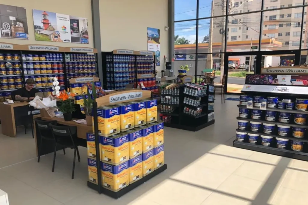 Interior de uma loja de tintas da Sherwin-Williams com displays de MPDV destacando produtos da marca. A imagem ilustra como as lojas de varejo de materiais de construção utilizam displays para organizar e promover os produtos.