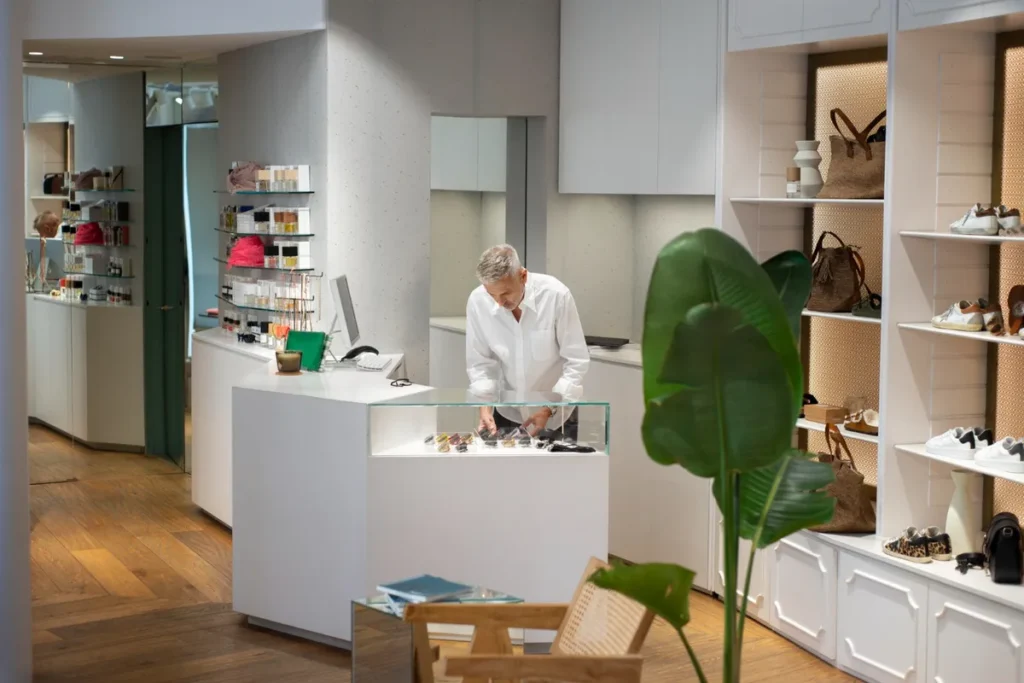 Interior de uma loja com design moderno e minimalista, prateleiras brancas com produtos, balcão de atendimento e um funcionário, ilustrando a ambientação clean e organizada.