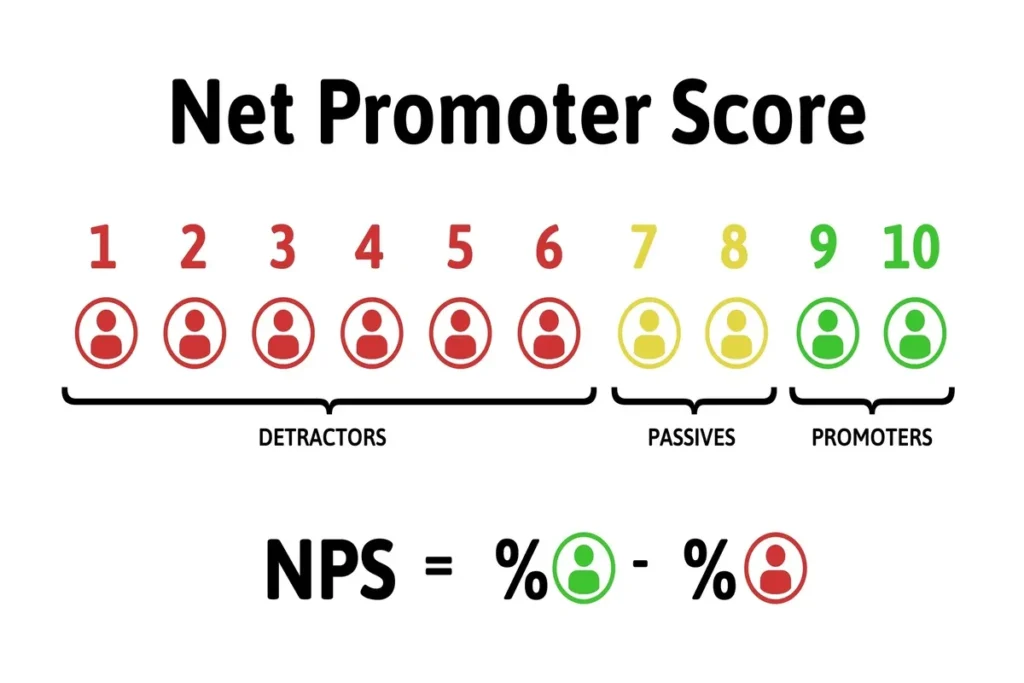 Gráfico do Net Promoter Score (NPS) mostrando a escala de 1 a 10 e a divisão entre detratores, passivos e promotores, com a fórmula para cálculo.