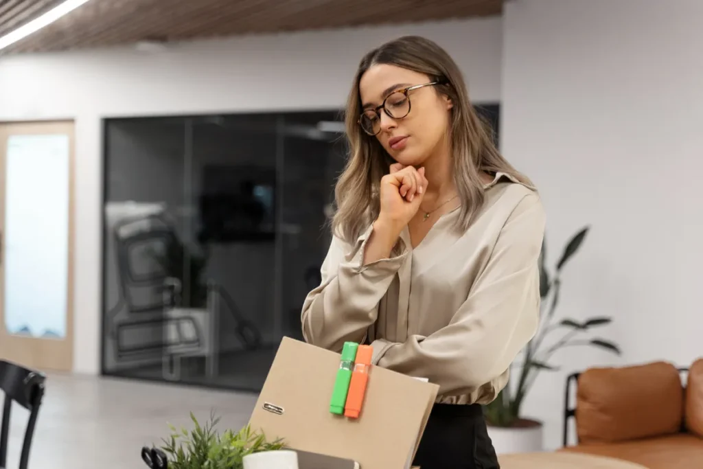Mulher de óculos em um escritório, com uma expressão pensativa e preocupada, refletindo sobre uma possível ruptura em sua carreira ou em um projeto.
