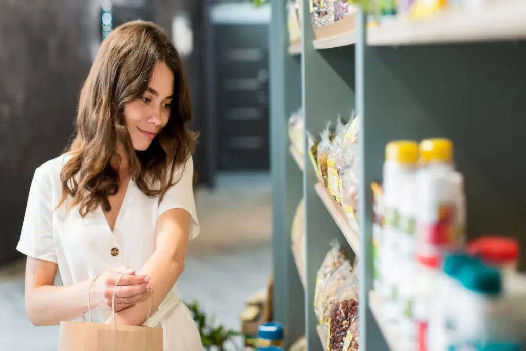 Mulher sorrindo, de vestido branco, segurando uma sacola de papel enquanto olha atentamente para a prateleira de produtos em uma loja de suplementos ou alimentos saudáveis.